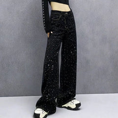 New Female Black Jeans Are Cool Studded With Diamonds. Casual Denim Trousers High-waisted, Straight-leg Wide-leg Pants Women's