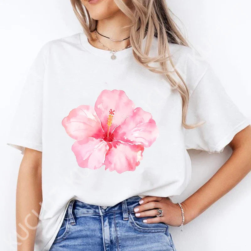 Pink Hibiscus Casual Y2K Tee