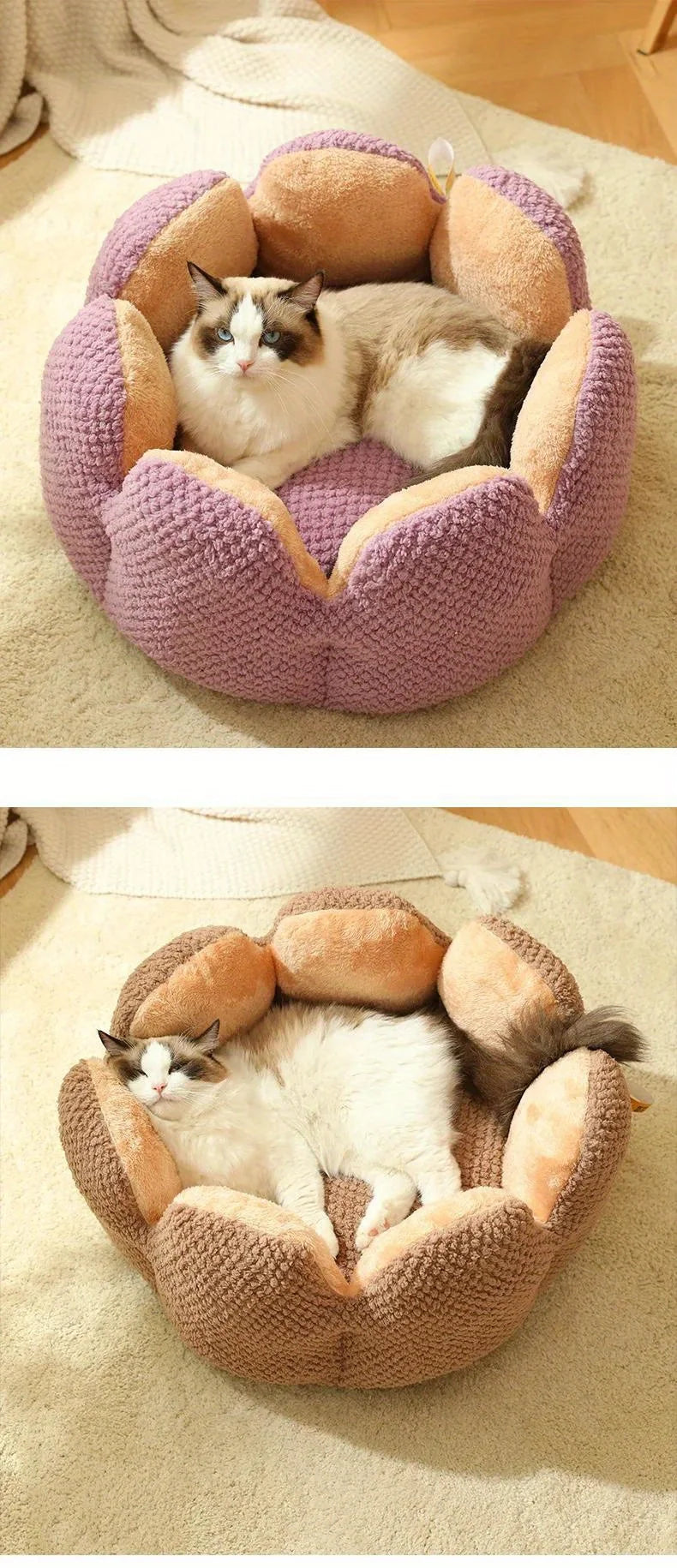 Petal Shaped Pet Bed, Plush Round Dog & Cat Cushion Mat with Knitted Texture, Ultra Soft Warm Nest for Kittens Puppies in Winter