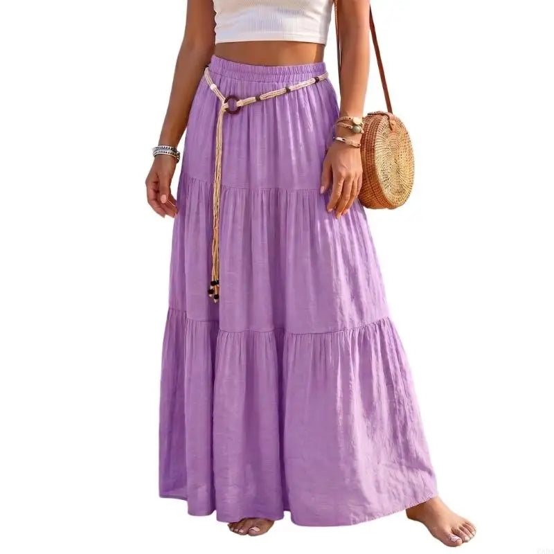 Skirts for Women Linen Maxi Skirt Pleated Long Flowy Elastic Skirt Tiered Beach A-Line Skirts 6XDA