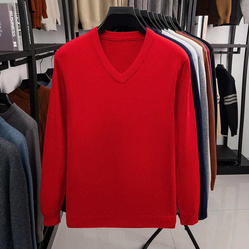 New Sweatwear Men's V Neck Basic Solid Color Sweaters Round Neck Elastic Pullovers Warm Autumn Knitted Oversized Sweater Men