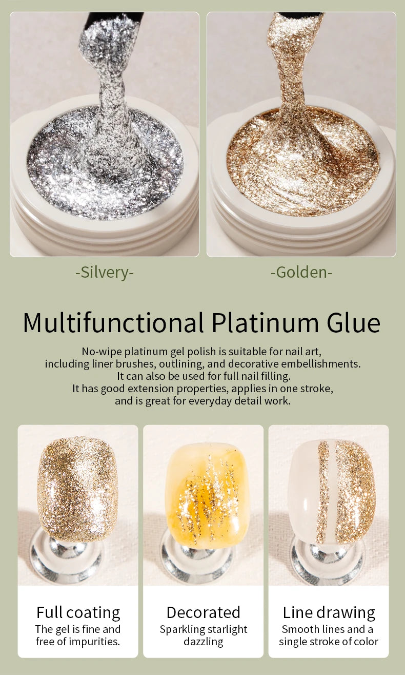 RSNAIL 5g No-Wipe Platinum Gel Nail Polish for Summer Reflective Sparkle Metallic Golden Silvery Drawing Liner Manicure Varnish