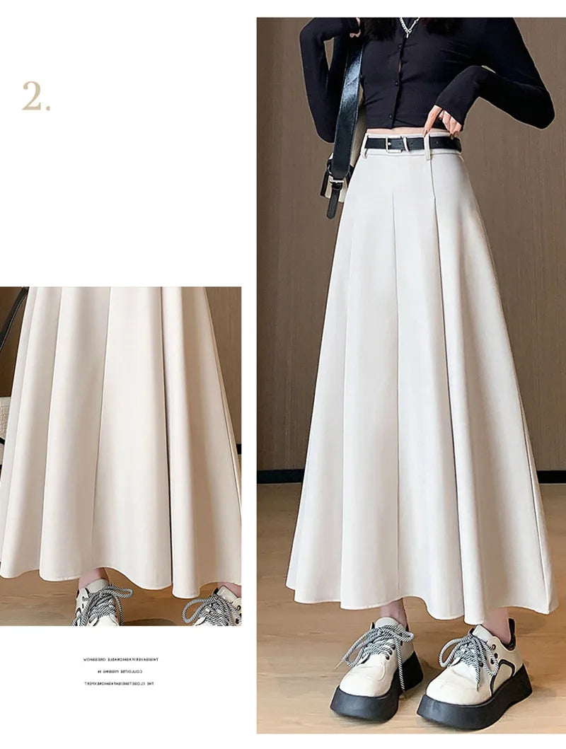 Elegant Skirts for Women Korean Style Long Skirt Female Black Pleated Midi Skirt Women's Clothing Office Lady Skirts Outfits New
