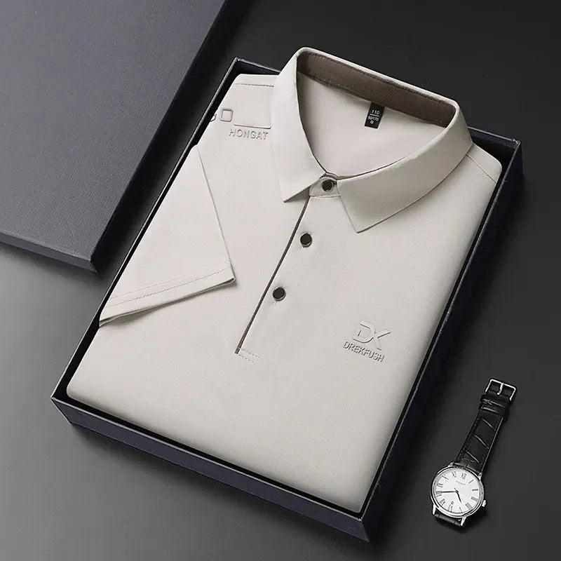 Men's Business Casual Short Sleeve Polo Shirt Solid Color with Badge Fashionable Breathable Comfortable Versatile Business Top