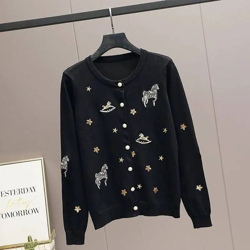 Embroidered Knit Cardigan Sweater