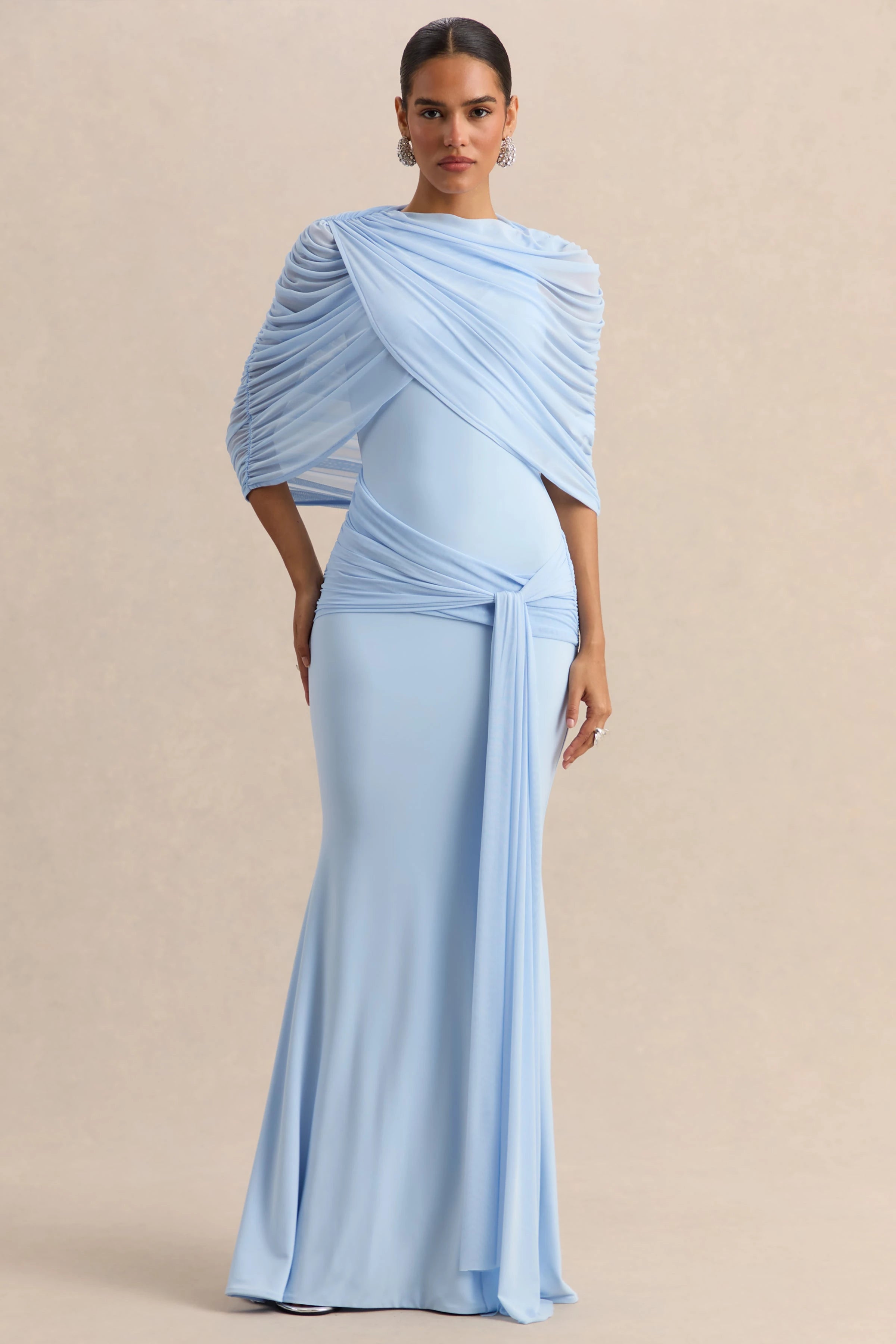 Elegant Mermaid Evening Dress Draped Detachable Cape Sleeveless Bodycon Maxi Gown Wedding Party Elegant Draped Formal Dress