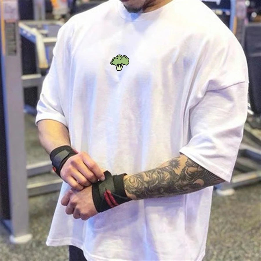 High Qualit gyms T shirt Men Bodybuilding print loose T-shirt Workout Fitness Tees Men Clothing cotton Short Sleeve Sports Shirt