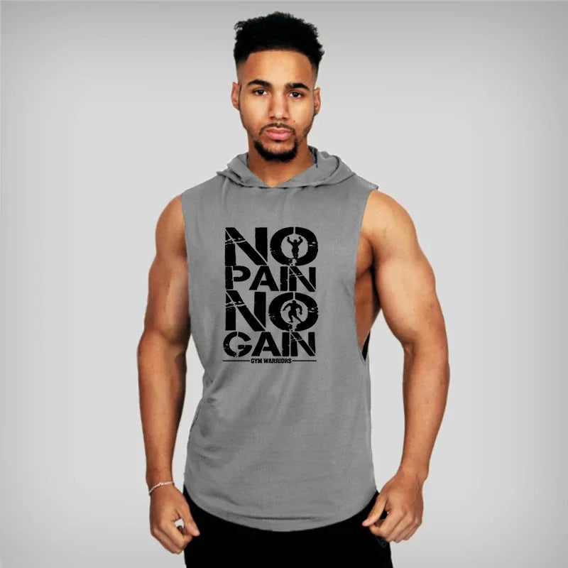 Men’s Fitness Workout Sportswear Tops Bodybuilding Hooded Tank Top Cotton Printed Sleeveless T-shirts Casual Hip Hop Undershirt