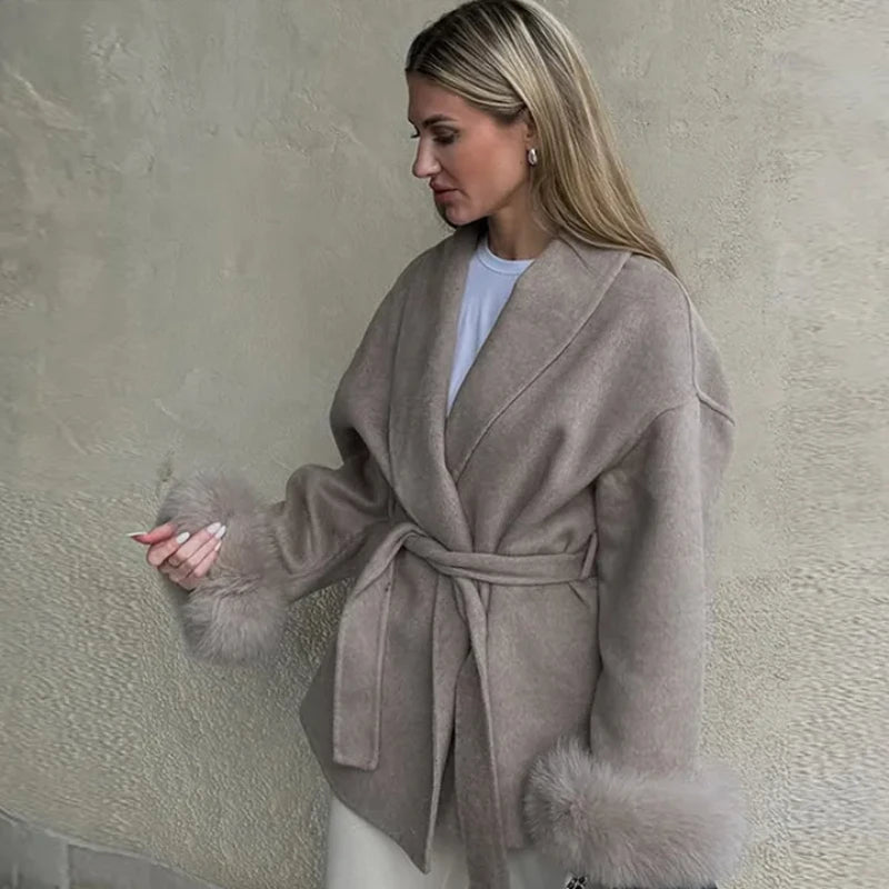 Elegant Women's Lace Up Woolen Coats Solid Full Sleeve Turn-down Collar Loose Lady Coats 2025 Autumn Winter Female Streetwear