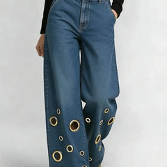 Women's High Waist Wide Leg Jeans with Gold Eyelets Vintage Baggy Denim Pants, Y2K Streetwear Hollow Out Trousers Ladies Jeans