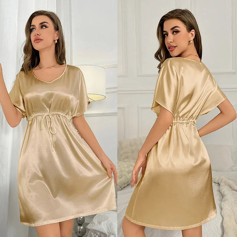 V-Neck Nightdress Loungewear Women Sleepwear Morning Gown Lingerie Sleepdress Robe Summer Nightgown Silky Satin Home Dress