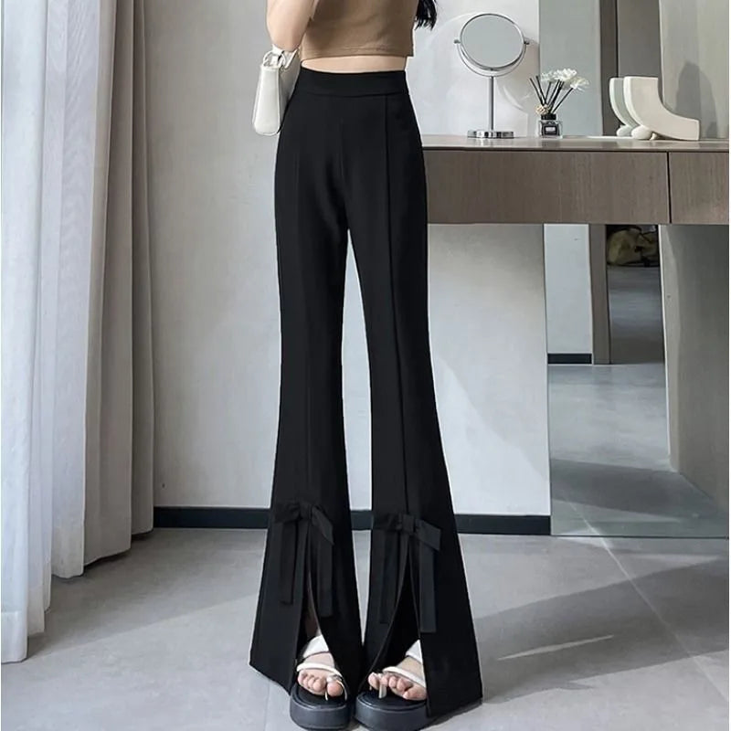 Women's Wide-Leg Pants High-Waisted with Bow Tie Detail Side Slits