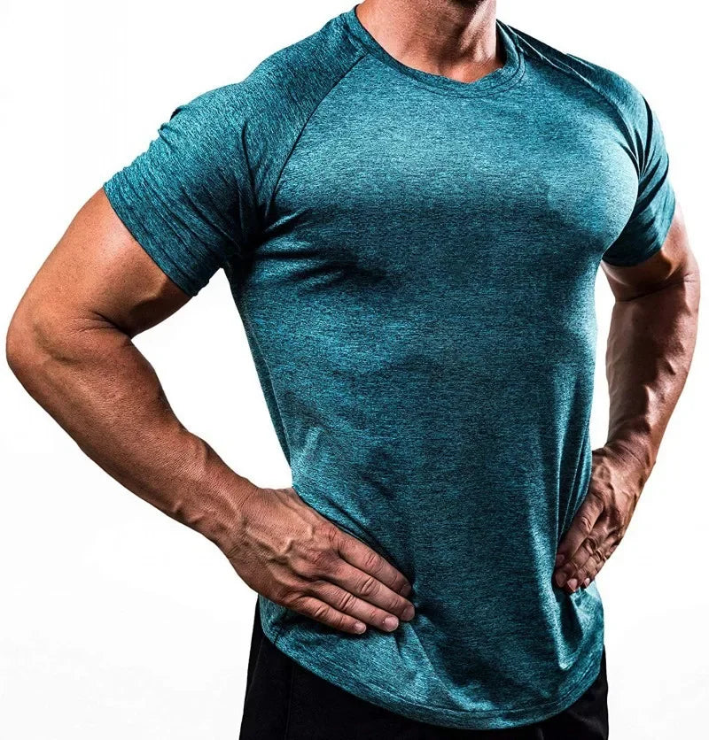 Summer Gym T-shirts Men's Solid Fitness Clothing O-neck Short Sleeve Tops Breathable Slim Bodybuilding Workout Muscle Tees Male