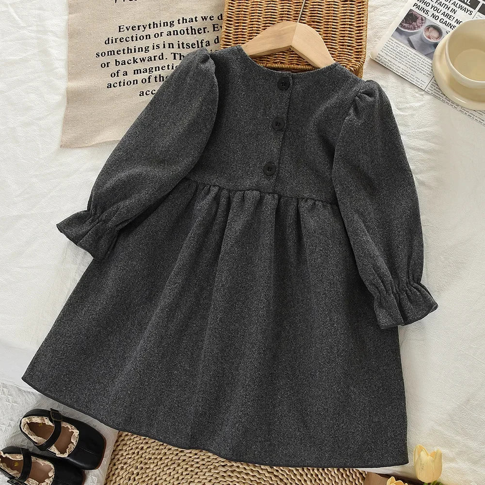 Simple Bow Long Sleeve Girls Dress