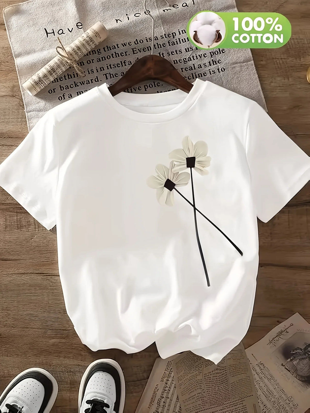 Women's T-shirt with White Floral Print Design Comfortable and Soft Short Sleeved Round Neck Casual Top Breathable