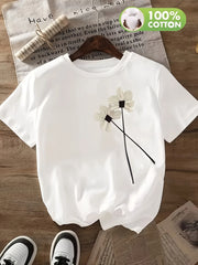 Women's T-shirt with White Floral Print Design Comfortable and Soft Short Sleeved Round Neck Casual Top Breathable