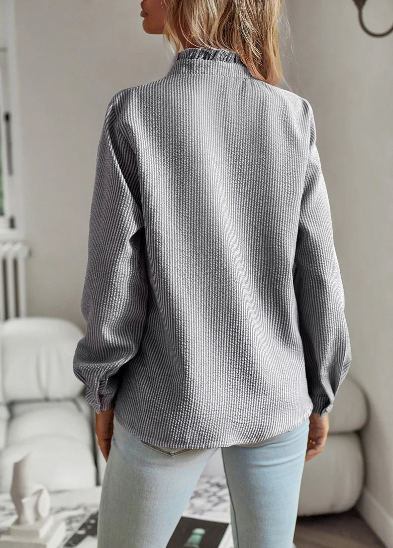 Women's Shirt Elegant Long Sleeve Ruched Stand Neck Office Lady Blouse Casual Button Shirts Harajuku Tunics Street Simple Tops