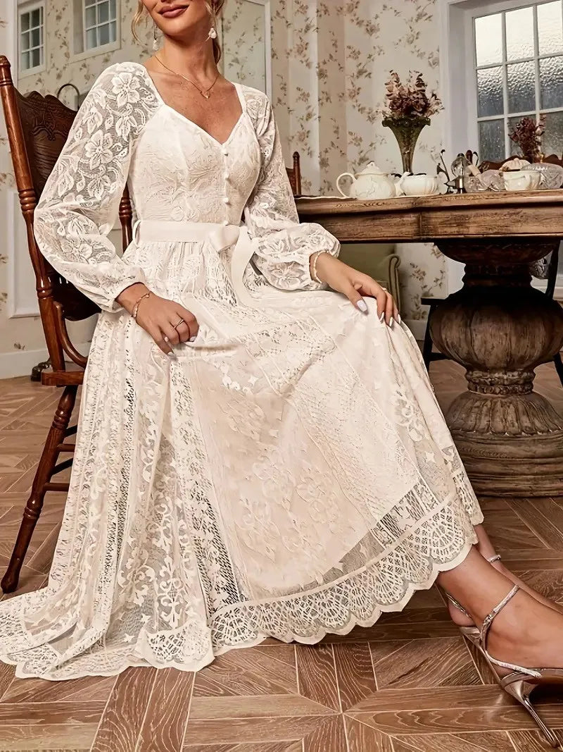 Elegant Party Dress For Woman Evening Prom Dresses Lace Long Gown V Neck Maxi Dress White Pink Floral Lace A Line Balloon Sleeve