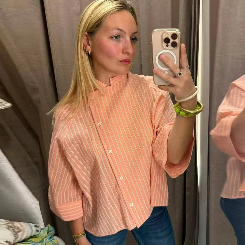 Women's Pink Striped Shirts Summer Asymmetric Button Mid Sleeve Loose Fit Shirts Casual Office Look Vintage Elegant Female Tops