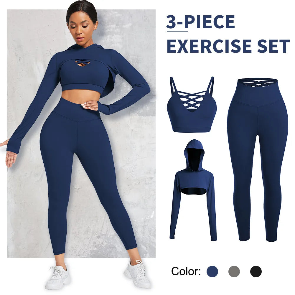 Ensemble Female 3 Pieces Yoga Set Gym Workout Clothes for Women Sport Long Sleeve Hoodie Sweater Active Wear Sport Set Tracksuit