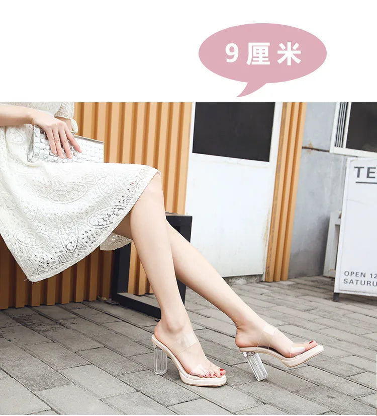 Women's High Heels, 2024 Summer New Waterproof Table with A Line Not Tired Feet Thick Crystal Slippers, Women's Shoes
