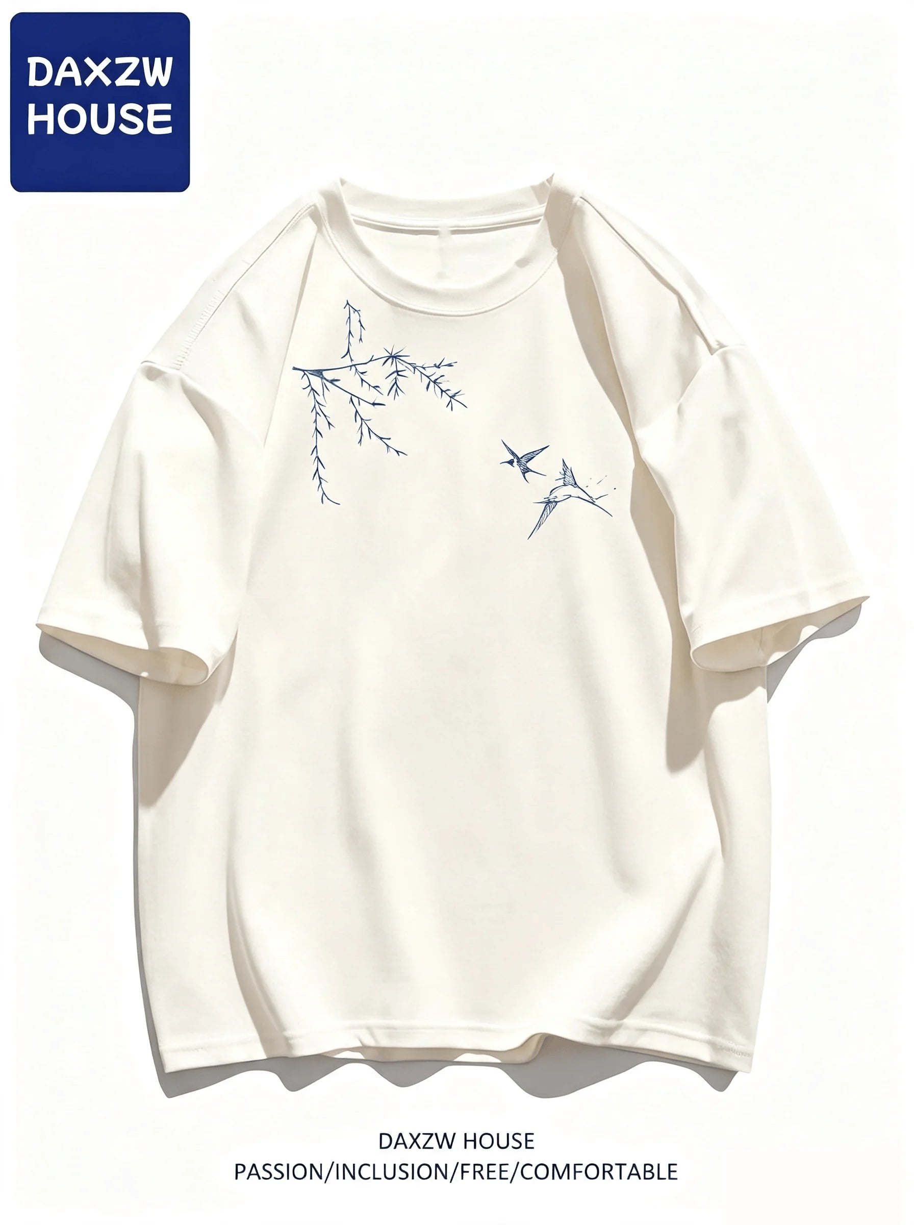 Men's Oversized T-shirts Fashion White Cotton T Shirt for Men Casual Summer Wear Bird Print Tee Shirts Men Clothing Lightweight