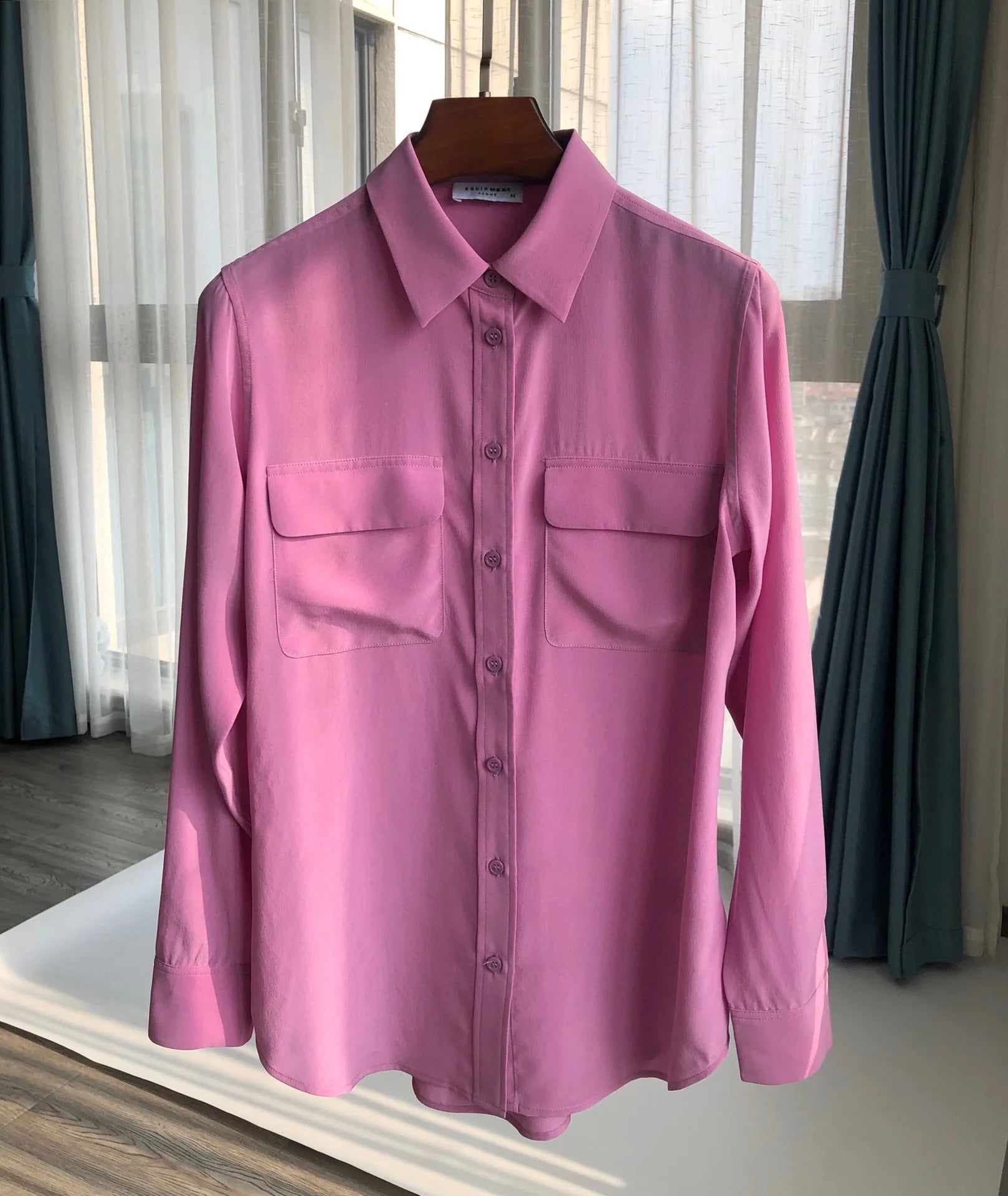 Women Real Silk Shirts Classic Double Pockets Solid Color Casual Fashion Long Sleeve Thin Shirt Blouses Tees