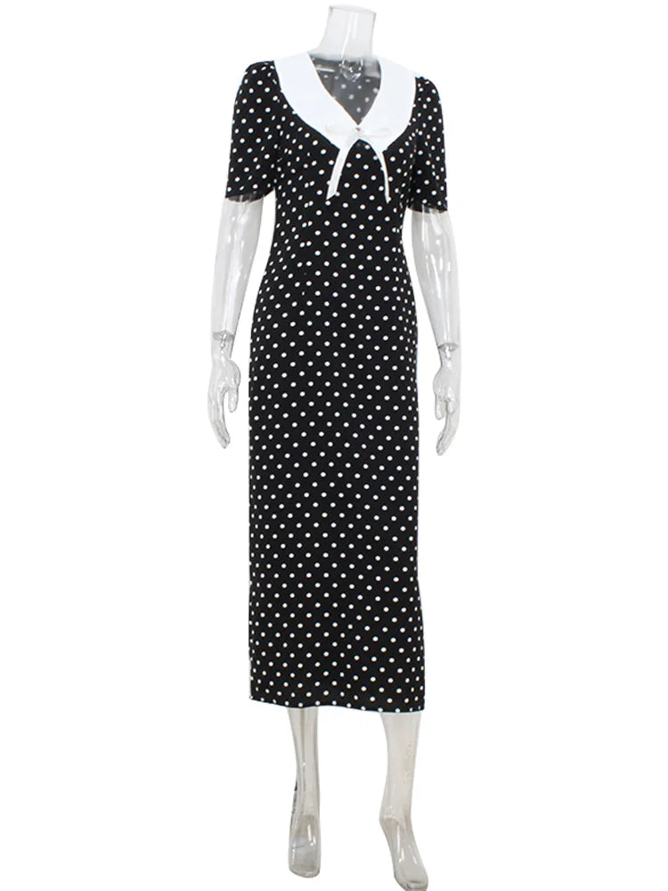 Dot Printed Dresses For Women Fashion Sexy Streetwear Short Sleeves Sheath Turn Down Collar V-Neck Long Vestidos Robes Female