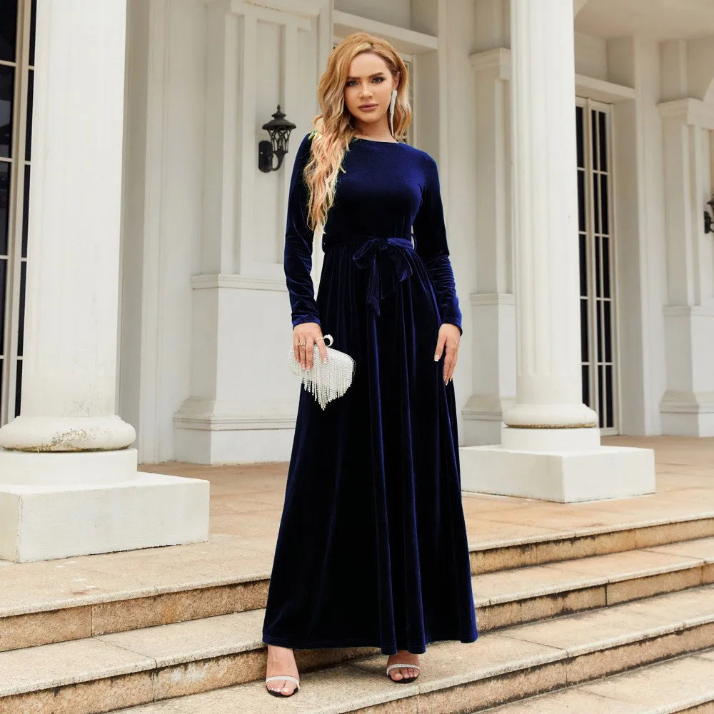 Women's Elegant A-Line Velvet Dress for Wedding Guest Prom Party Wedding Party, Long Sleeve Round Neck Belted Full Skirt