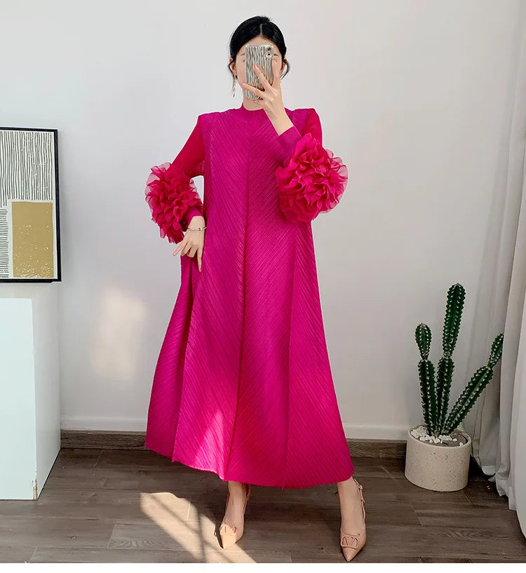 Women Elegant Evening Party Dresses 2025 Summer New Solid Colour Classic Long Sleeve Plate Flower Design Prom Dresses Female
