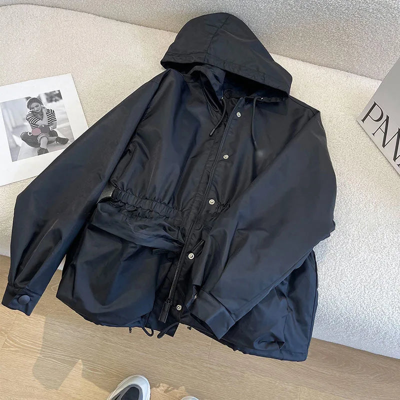 Black jacket for women 2025 autumn new hooded drawstring high-end thin jacket top