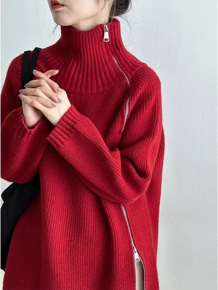 Oversized Zip Turtleneck Knit Sweater