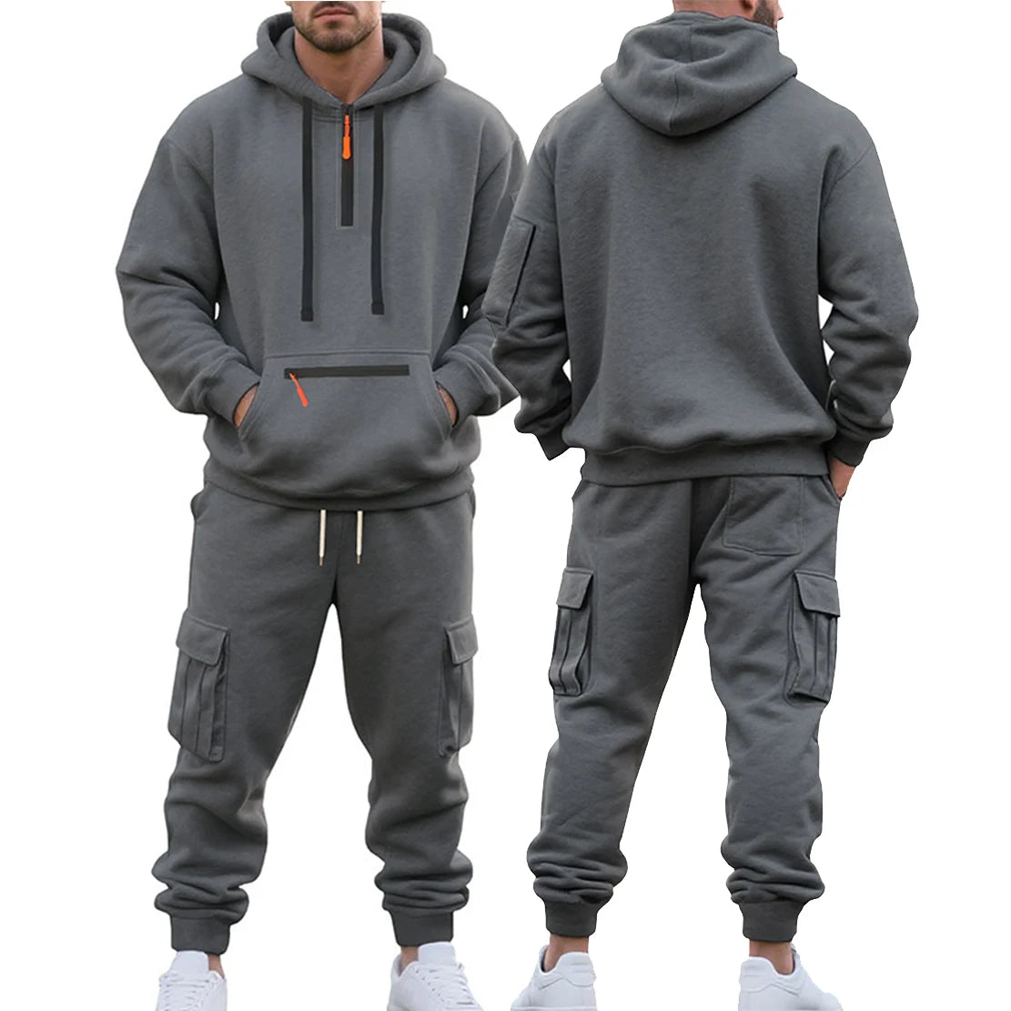 Men's Heavyweight Fleece-Lined Casual Tracksuit Set for Winter - Loose-Fit, Half-Zip, 2-Piece Workwear Style