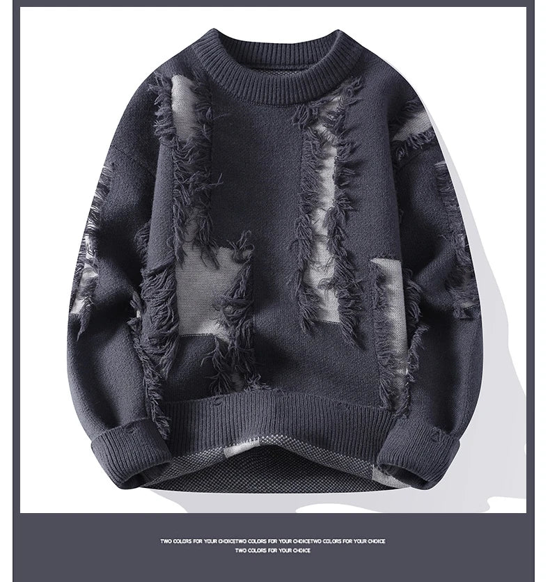 2026 Winter Fashion worn‑out design Sweater Men Casual Knit Pullovers Mens Thick Warm Loose Knitted Sweaters Streetwear Man