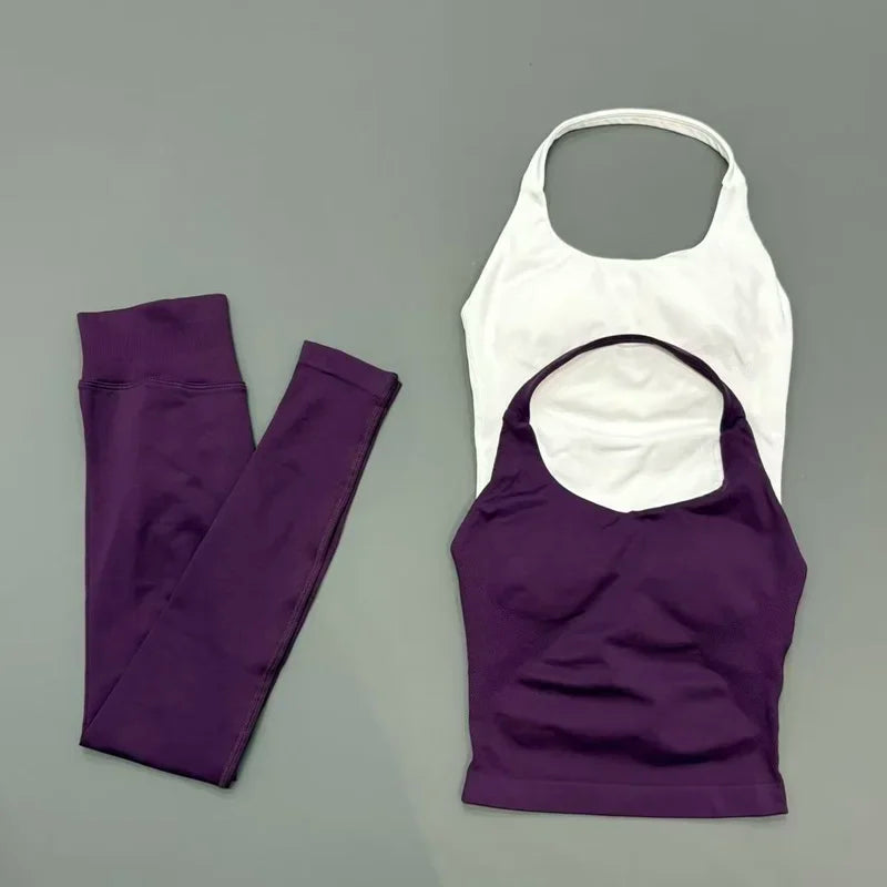 Women Yoga Set Seamless Sports Halter Neck Top Waist Trainer Leggings Suit Squat Proof Butt Lifting Workout Fitness Gym Clothing