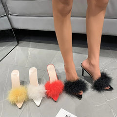 Summer New High Heels Sexy Slippers with Fine Heel Design and Hairy Decoration Cool Slippers with Daily Pointed Points Luxury
