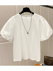 Mujer Cotton Tshirts for Women Summer T-shirts Puff Sleeve O-neck Tees Oversized Tops Fashion Sweet White Tees