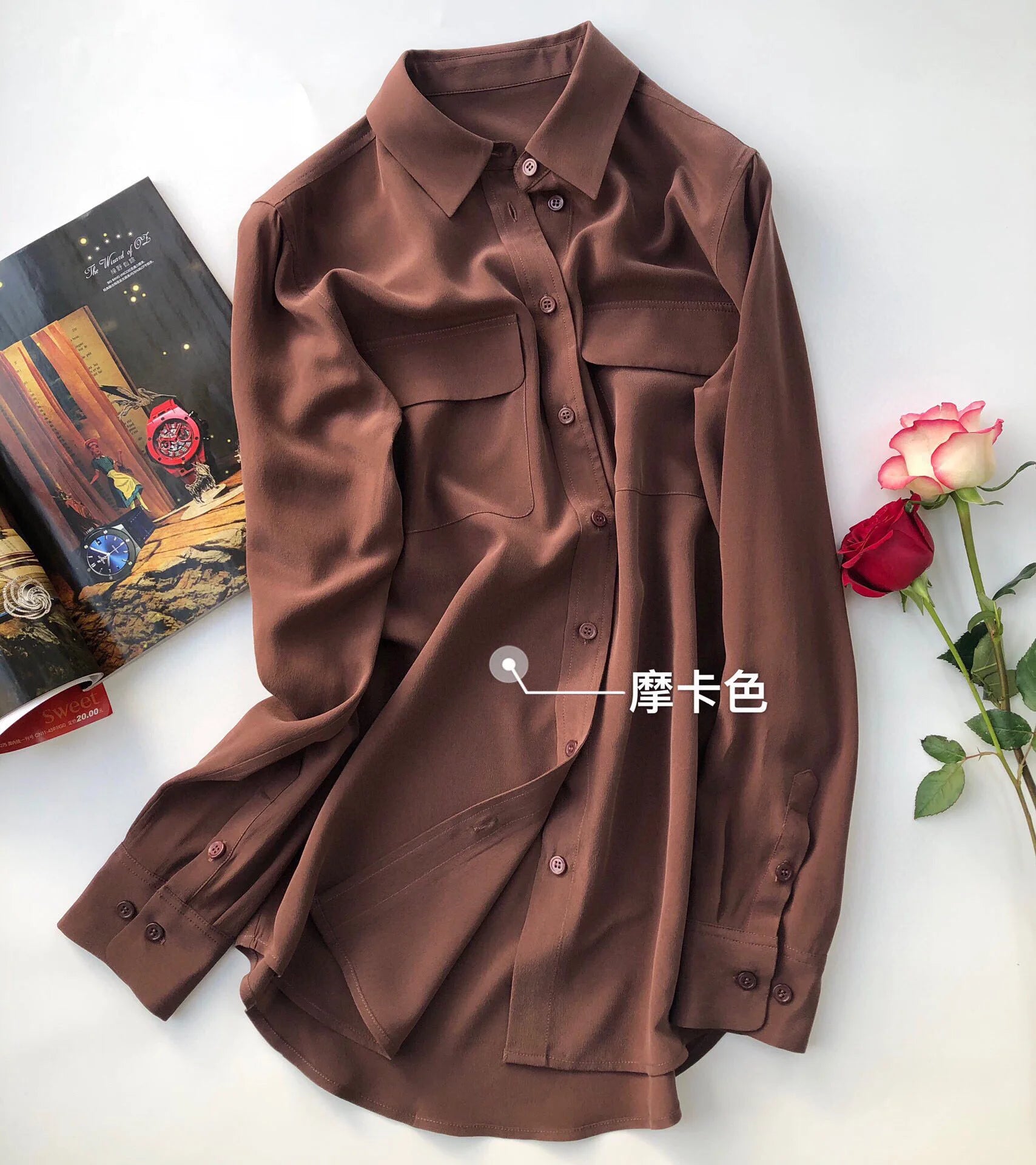 Women Real Silk Shirts Classic Double Pockets Solid Color Casual Fashion Long Sleeve Thin Shirt Blouses Tees