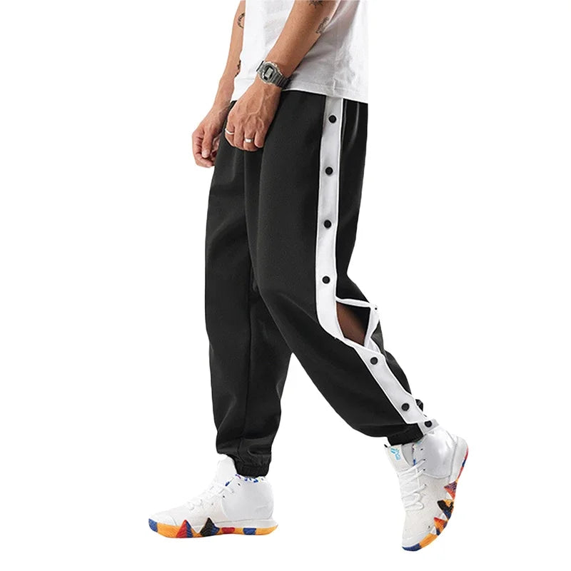 Men Jogger Pants Contrast Color Sides Buttons Stretch Workout Long Trousers Casual Sports Sweatpants Streetwear