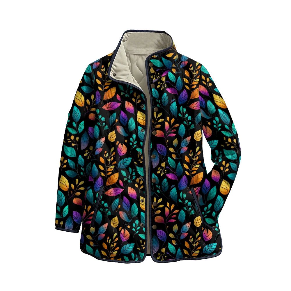 Quilted Leaf Print Winter Jacket