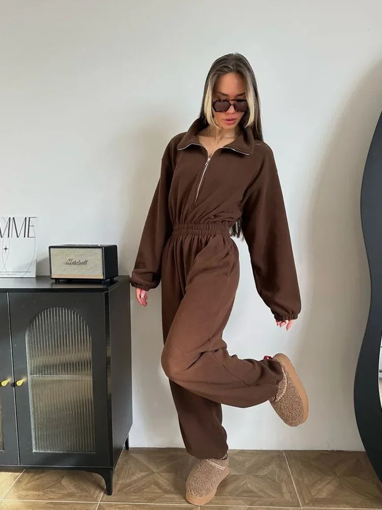 Jumpsuit Women 2026 New Fashionable Long Sleeved Jumpsuit for Women's Casual Half Open Collar Elastic Waist Jumpsuit