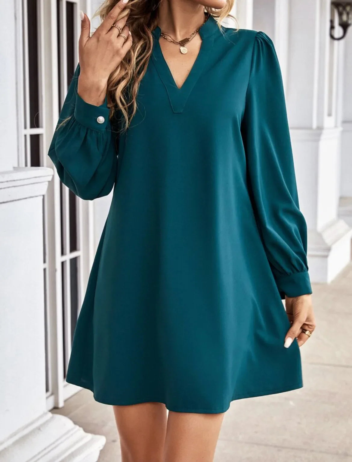 V-Neck Long Sleeve Mini Dress