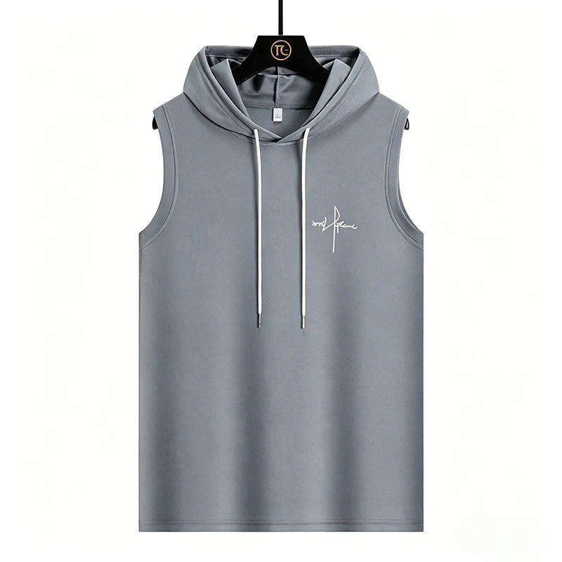 Summer Men‘s Workout Tee Running Training Hooded Sleeveless Gym Fitness Top Fashionable Loose Quick Drying Sports Tank Top