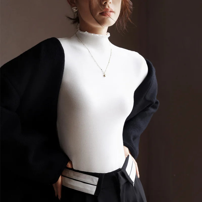 Ruffled Turtleneck Stretch Tee Women