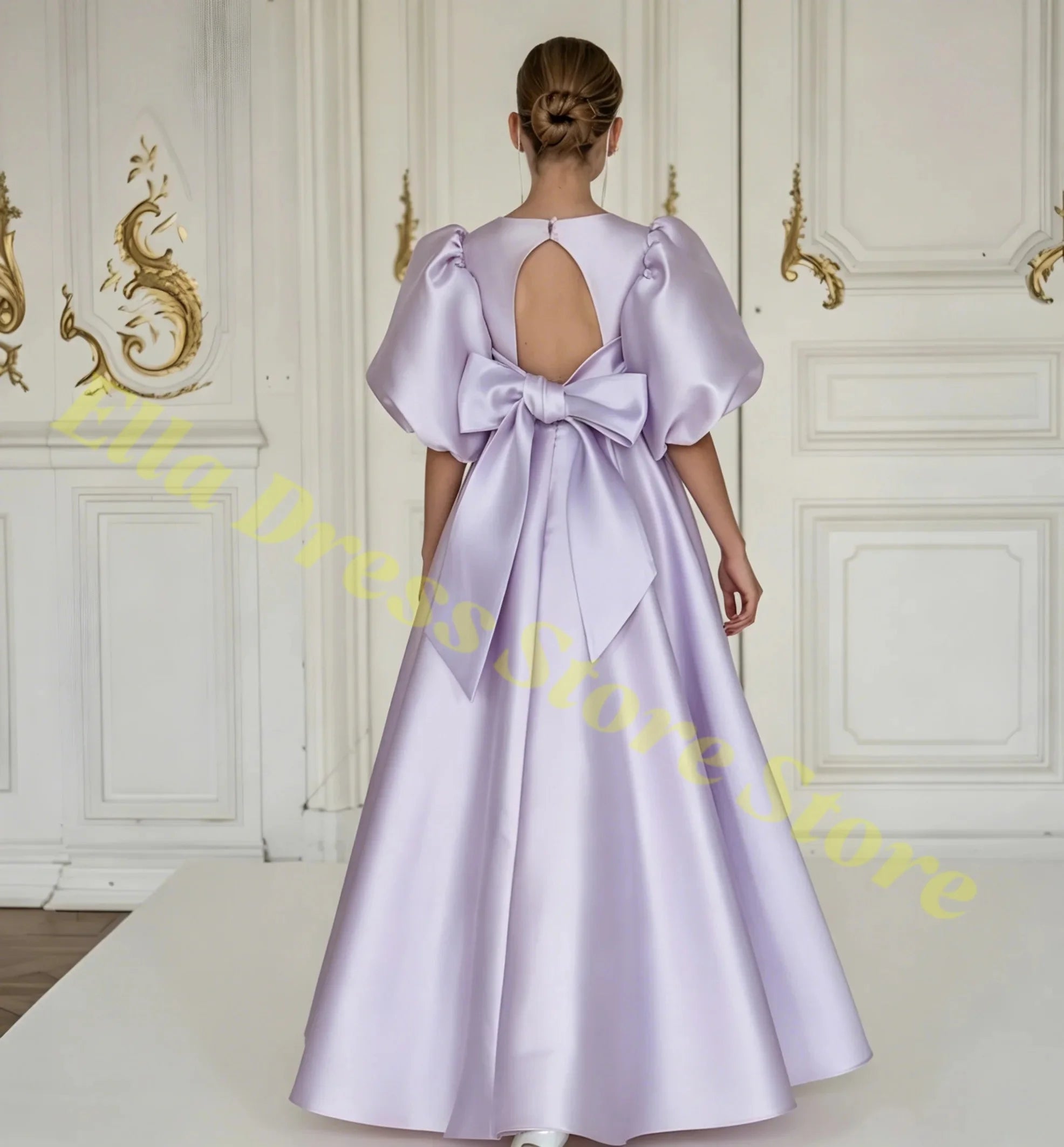 Elegant Girls Wedding Party Dress Satin Flower Girl Dress Bows Half Sleeves Formal Gala Dresses for Bridesmaid Dress Wholesale