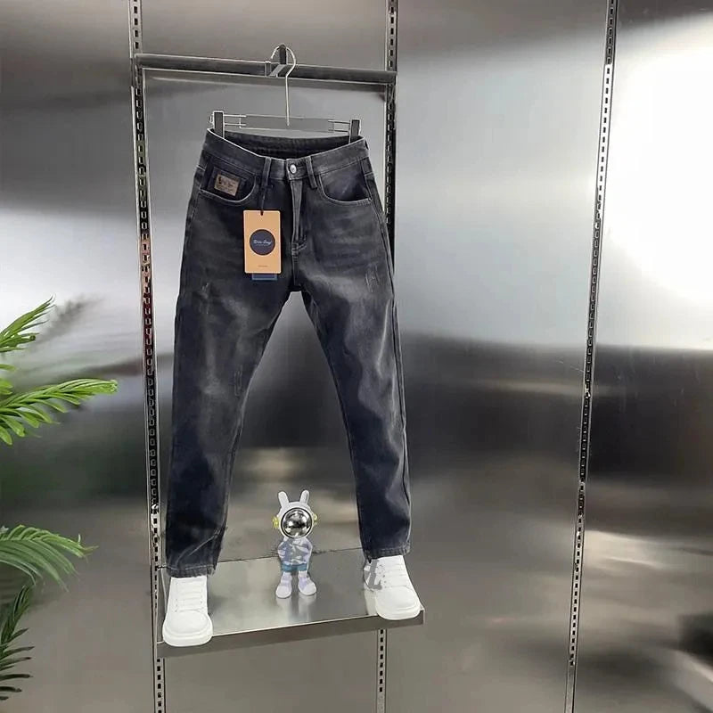 Thick Jeans Men's Slim Fit Spring Autumn Winter Casual Long Pants Cotton Stretch Denim mid Waist Zipper Closure Wear Resistant
