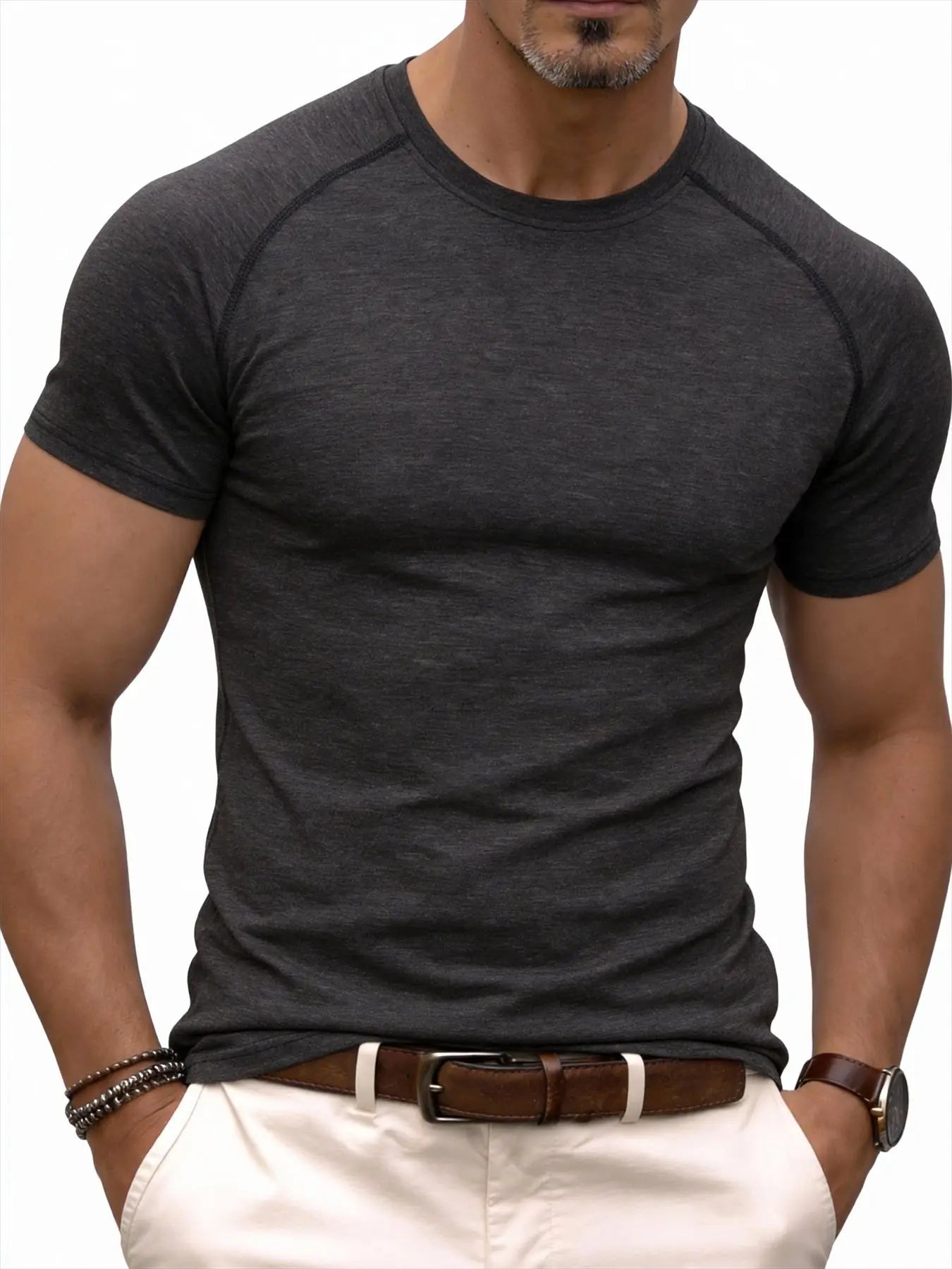 Men's fitness sports T-shirt for training, showing muscles, loose fit, suitable for summer fashion and casual running.