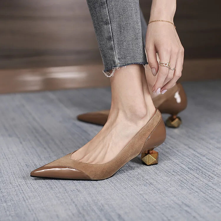 Middle Heel High Heels Women 2026 Spring Autumn Korean Fashion Splicing Pointed Shallow Shaped Heel Thick Pimps Shoes for Women