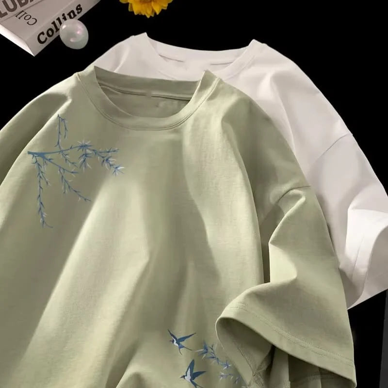 Men's Oversized T-shirts Fashion White Cotton T Shirt for Men Casual Summer Wear Bird Print Tee Shirts Men Clothing Lightweight