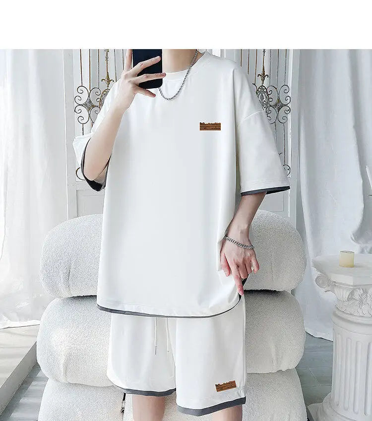 Men's Trendy 2-Piece Streetwear Co-ord Solid Color Short Sleeve T-Shirt And Drawstring Elastic Waist Shorts Set 5XL